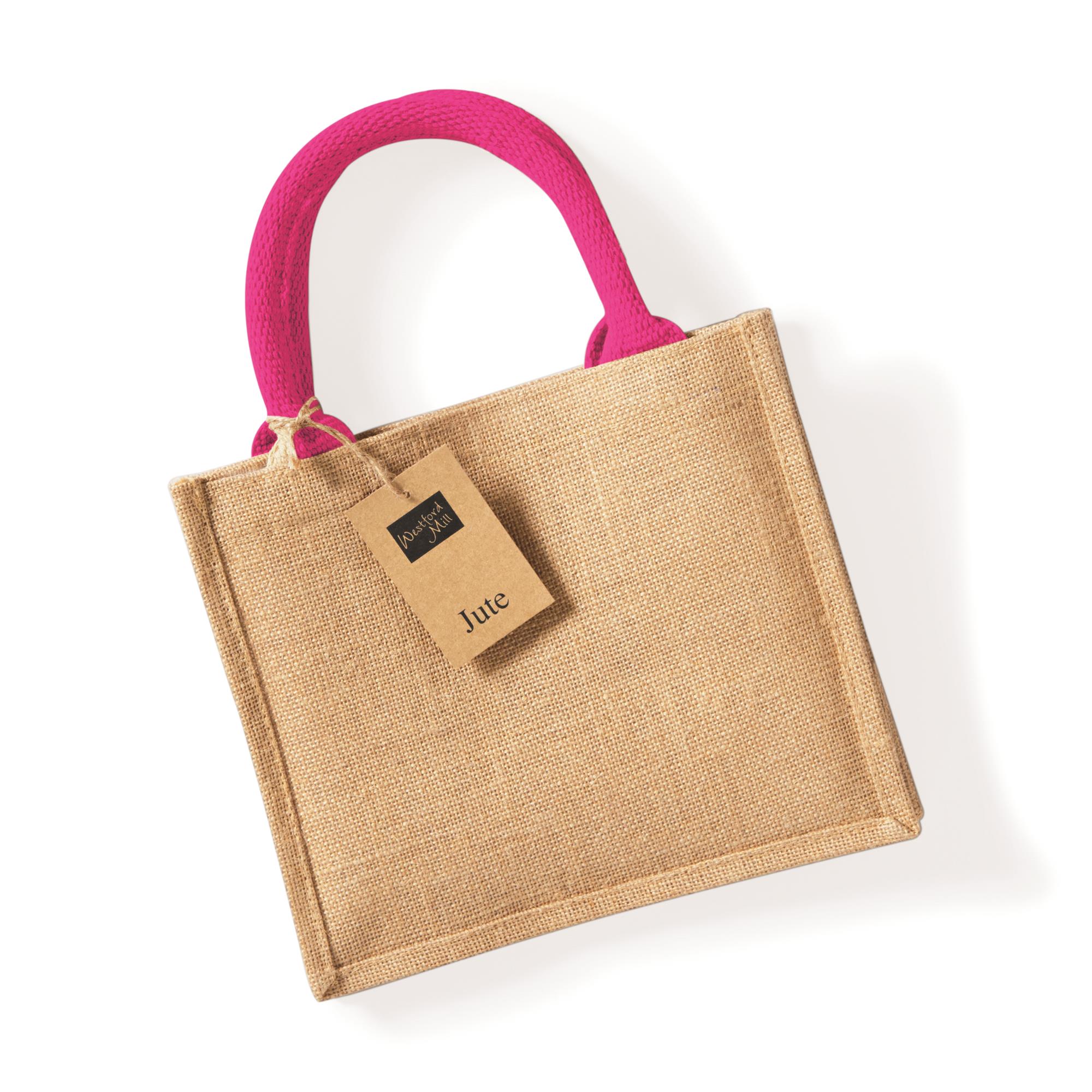 Mini jute bag cotton carrying handle 26 x 22 x 14 cm Westford Mill® Natural/Fuchsia