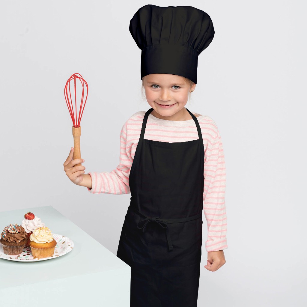 Kinderschürze & Kochmütze im Set Kariban® Black (60 cm x 45 cm, 5-10 Jahre)